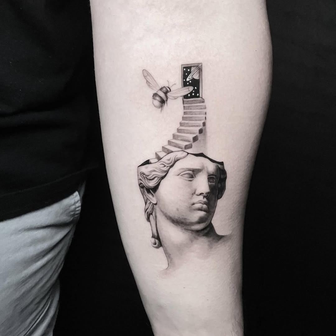 Intricate design blending bees and classical art Tattoo Design