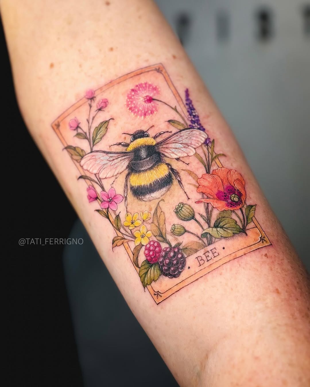 Stunning Floral Bee Tattoo in Watercolor Style Tattoo Design