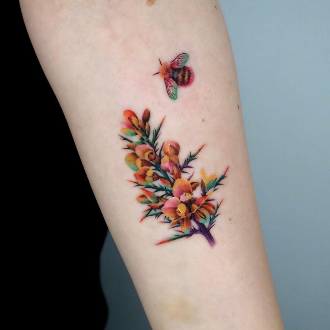 Stunning watercolor bee and floral tattoo design Tattoo Design