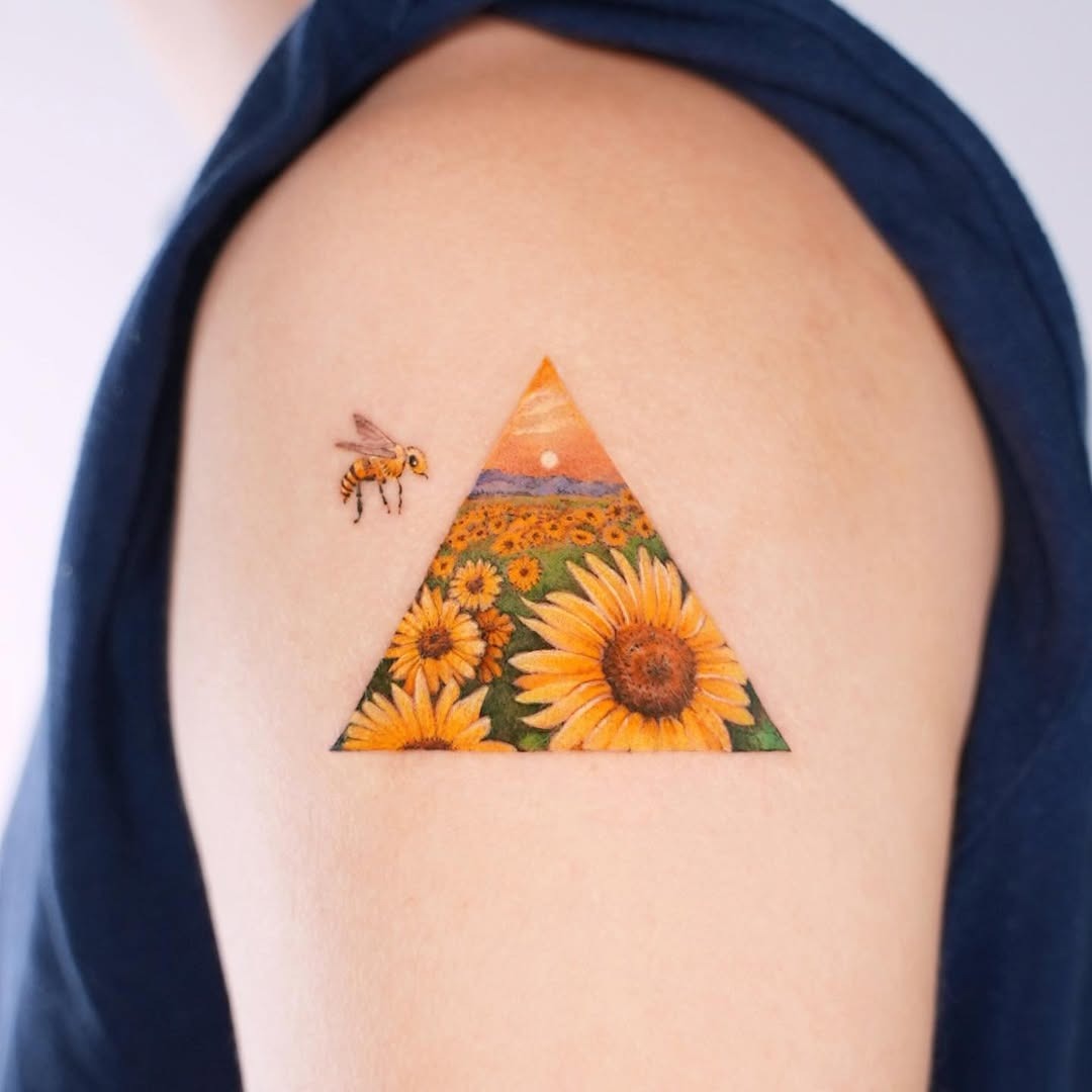 Vibrant bee and sunflower triangle tattoo design Tattoo Design