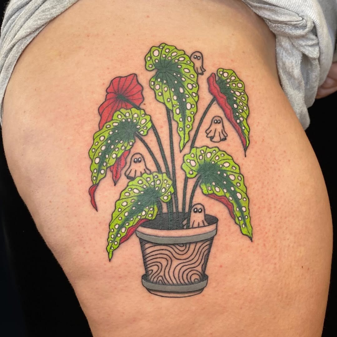 Whimsical begonia tattoo with playful ghosts Tattoo Design
