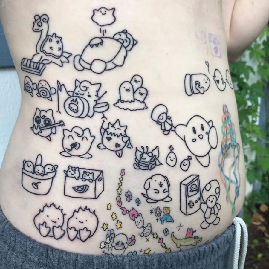This playful collection of tattoos features various cute characters and doodles adorning the belly.