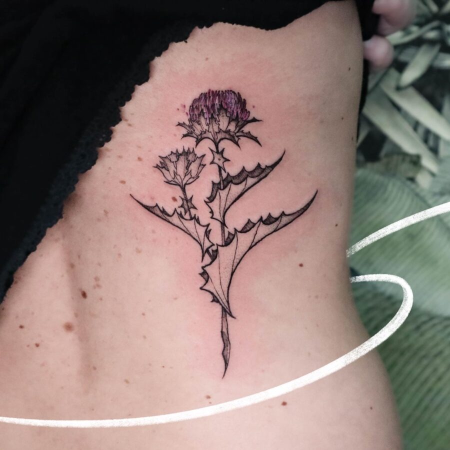This belly tattoo features a beautifully intricate thistle, seamlessly blending nature with body art.