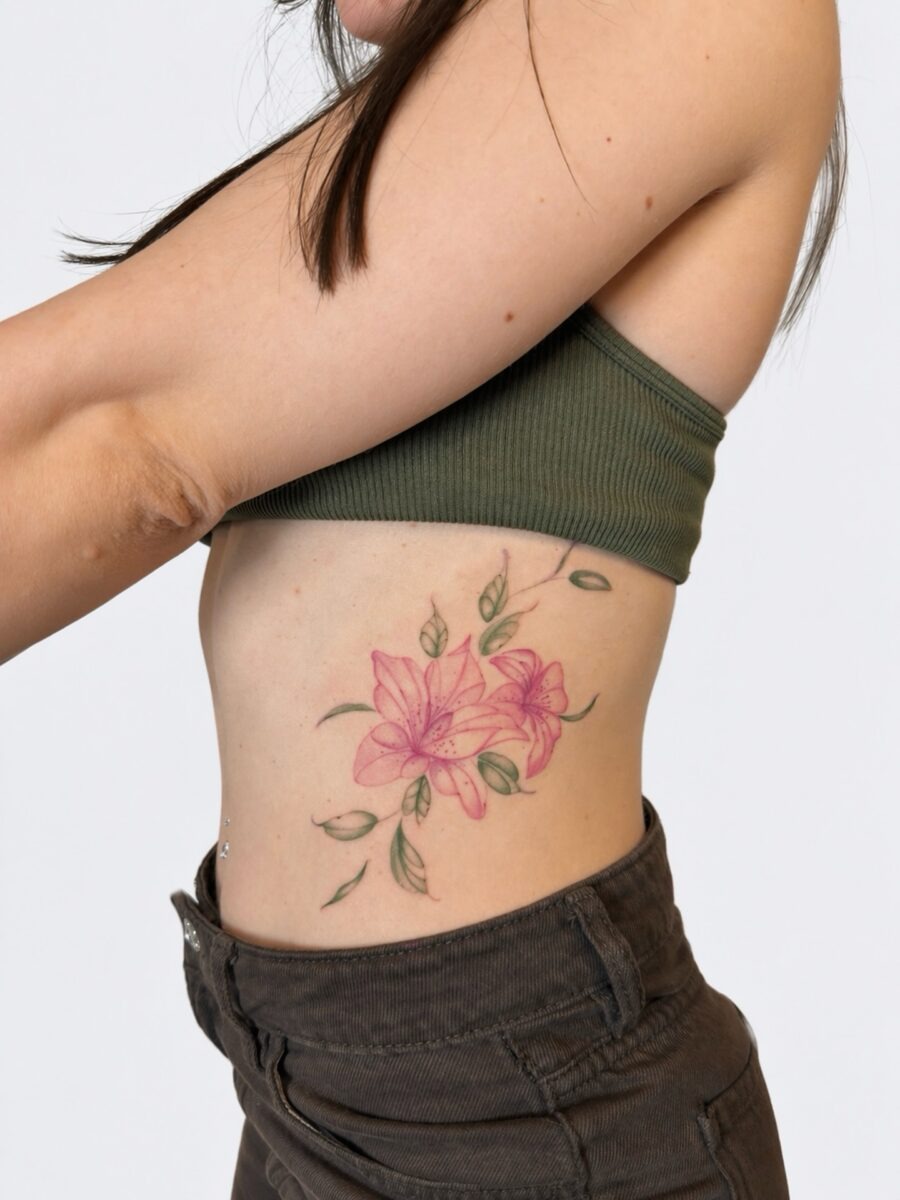 This colorful floral belly tattoo features delicate pink blooms and green leaves.