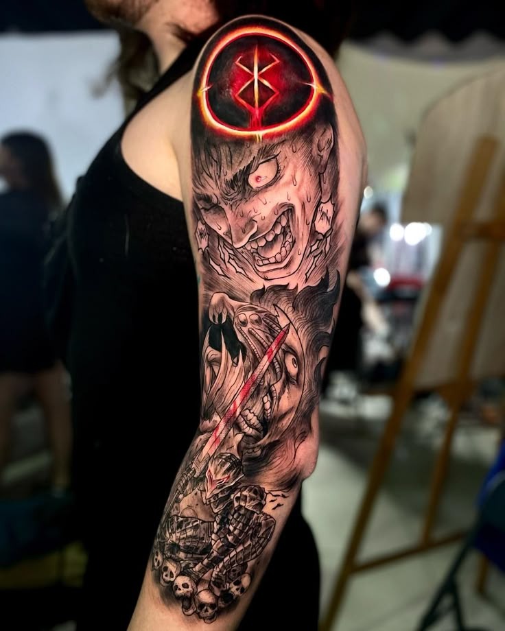 Full Sleeve Battle Scene with Eclipse and Behelit Tattoo Design