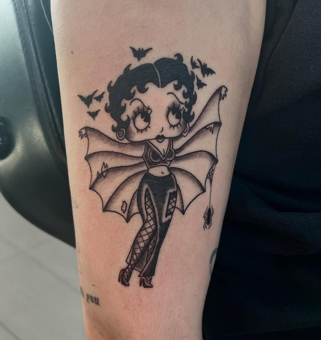 Charming Betty Boop Tattoo with Bat Wings Tattoo Design