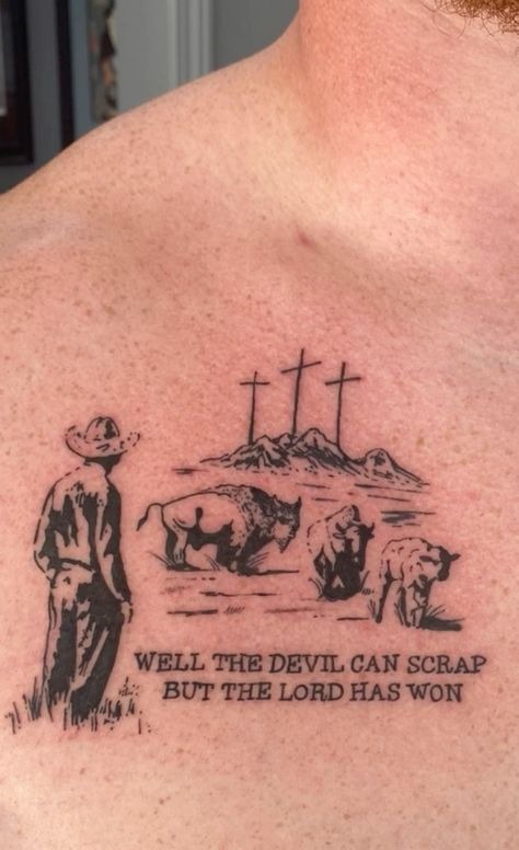 Christian Cowboy Chest Tattoo, a tattoo design rendered in clean detailed linework.