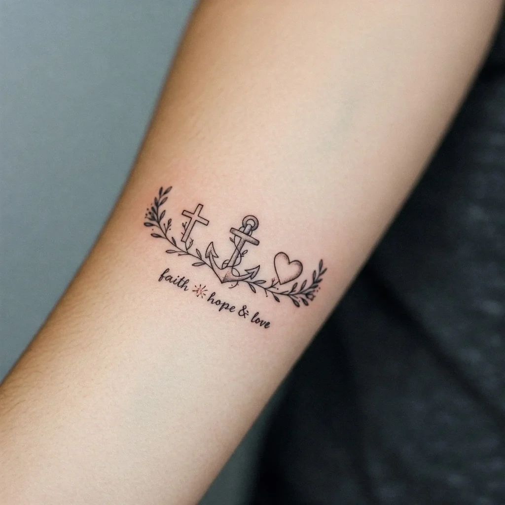 Faith, Hope & Love Symbol Tattoo, a tattoo design rendered in minimalist fine-line.