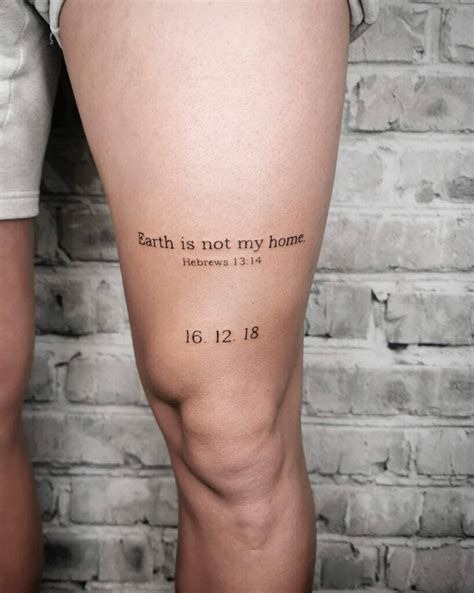 Hebrews 13:14 Thigh Tattoo, a tattoo design rendered in clean detailed linework.