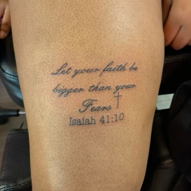 Isaiah 41:10-Faith Over Fear Tattoo, a tattoo design rendered in clean detailed linework for the leg.