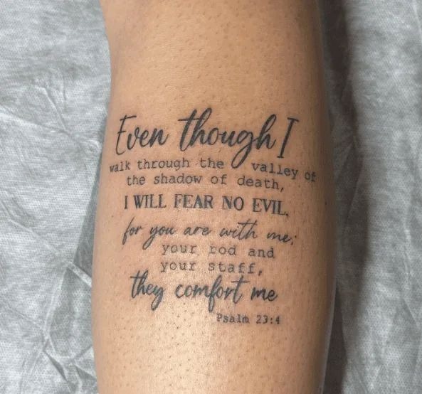 Psalm 23:4 Leg Tattoo, a tattoo design rendered in bold.