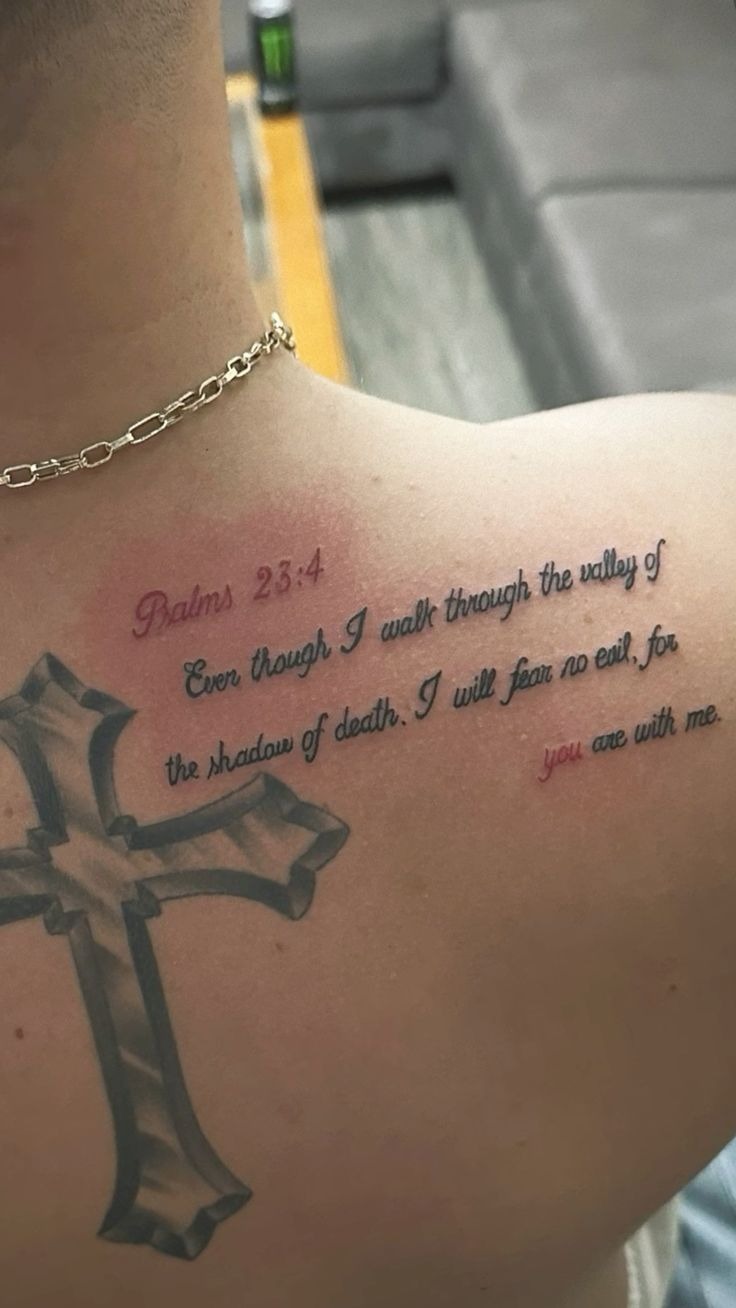 Psalm 23:4 with Cross Back Tattoo, a tattoo design rendered in bold.