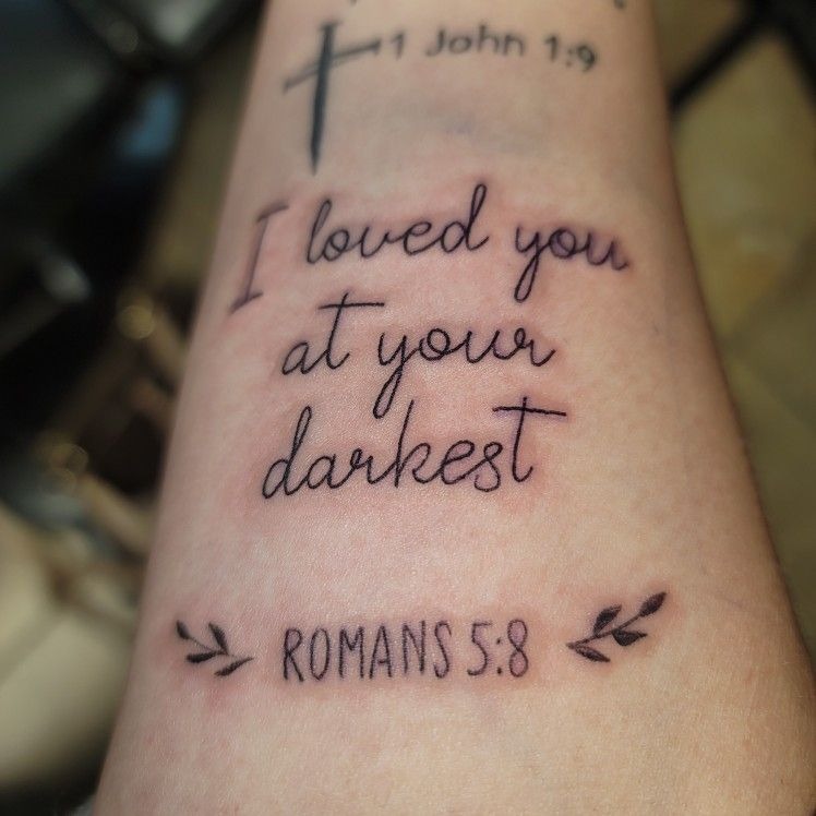 Romans 5:8 Script Tattoo, a tattoo design rendered in clean detailed linework for the hand.