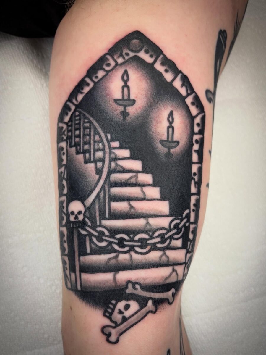 Intriguing stairway tattoo with dark vibes Tattoo Design