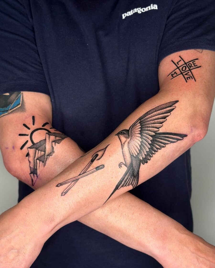 Minimalist Biceps Tattoo with Heart and Rose Tattoo Design