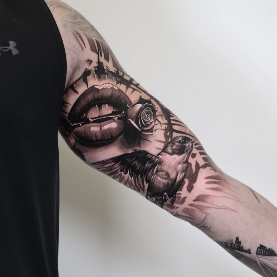 Striking blend of lips, bird, and rose tattoo Tattoo Design