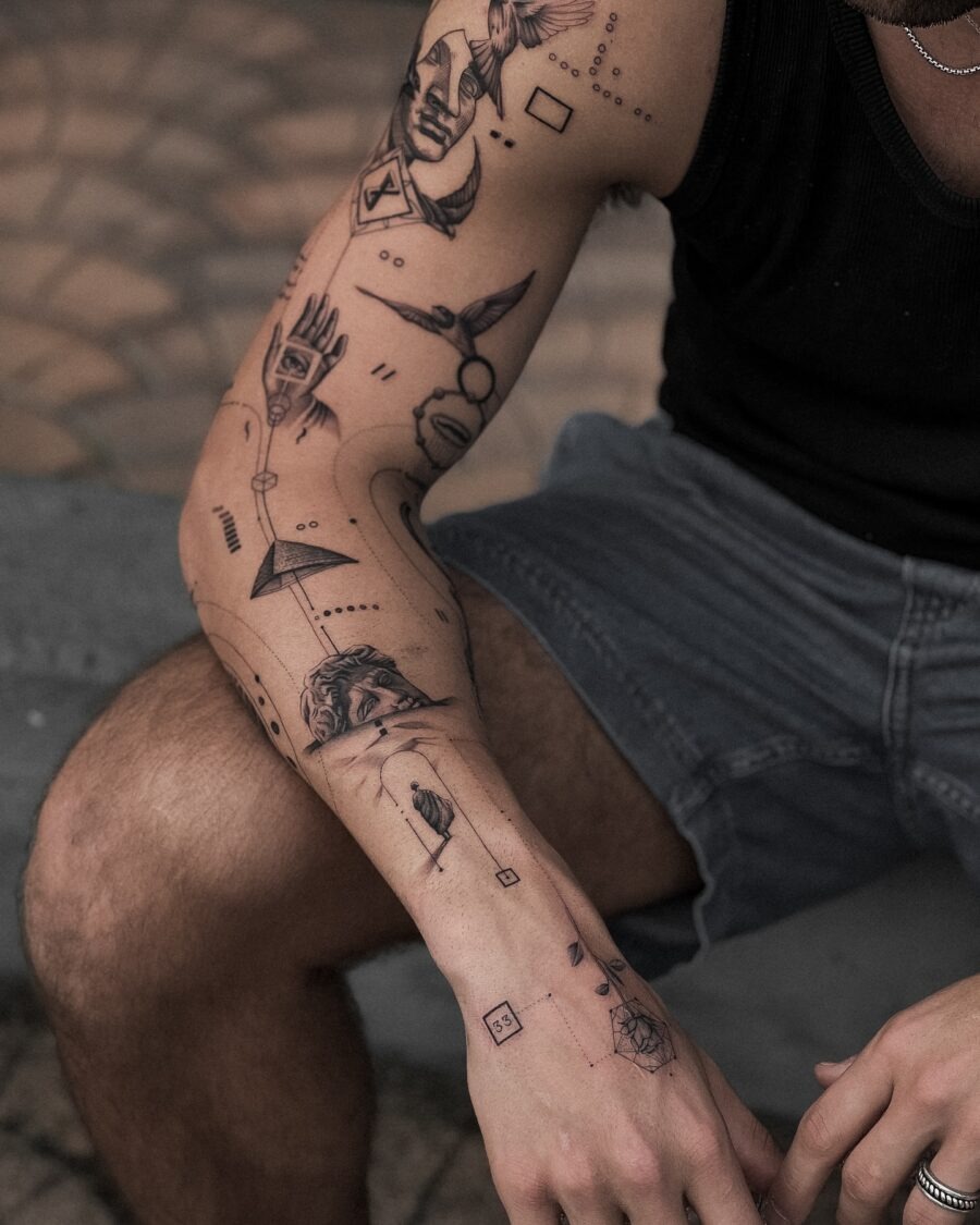 Unique bicep tattoo with geometric and bee art Tattoo Design