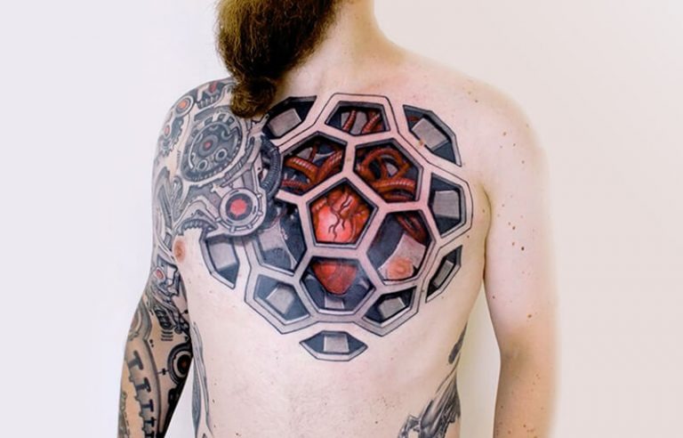 Best Friend TattoosIdea: Honeycomb Style Biomechanical Tattoo on Chest Tattoo Design