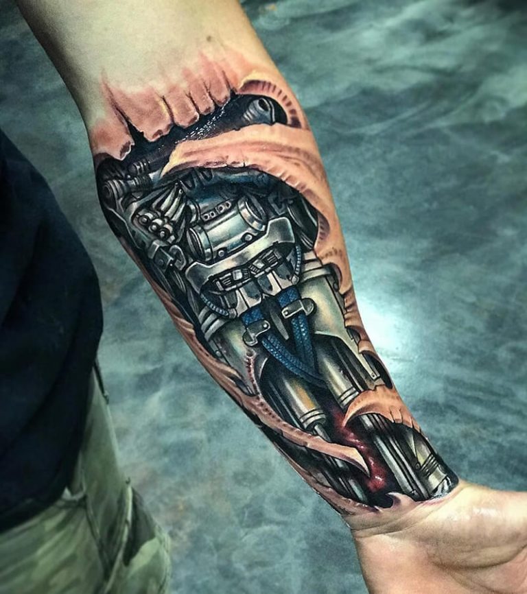 Biomechanical Forearm Tattoo with Metal Rods Tattoo Design
