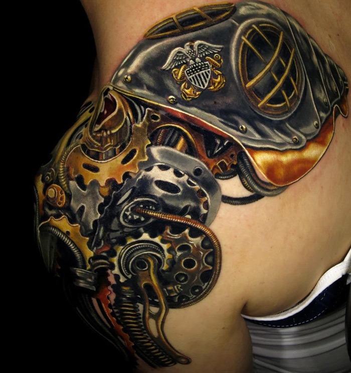 Biomechanical Shoulder Tattoo with Military Emblem Tattoo Design