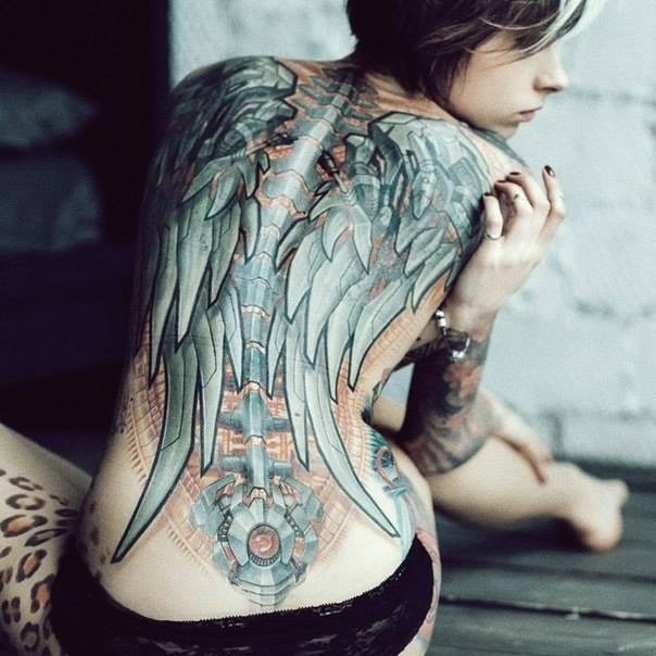 Biomechanical Spine and Wings Full Back Tattoo Tattoo Design