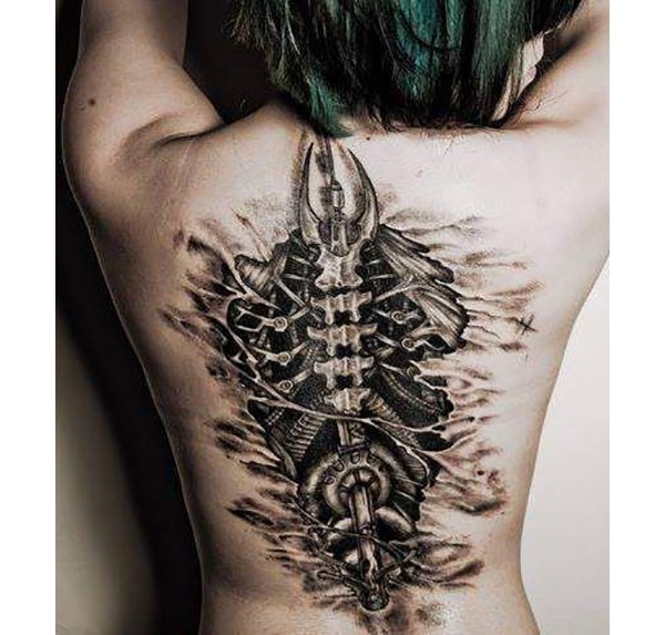 Black and White Biomechanical Tattoo on Back Tattoo Design