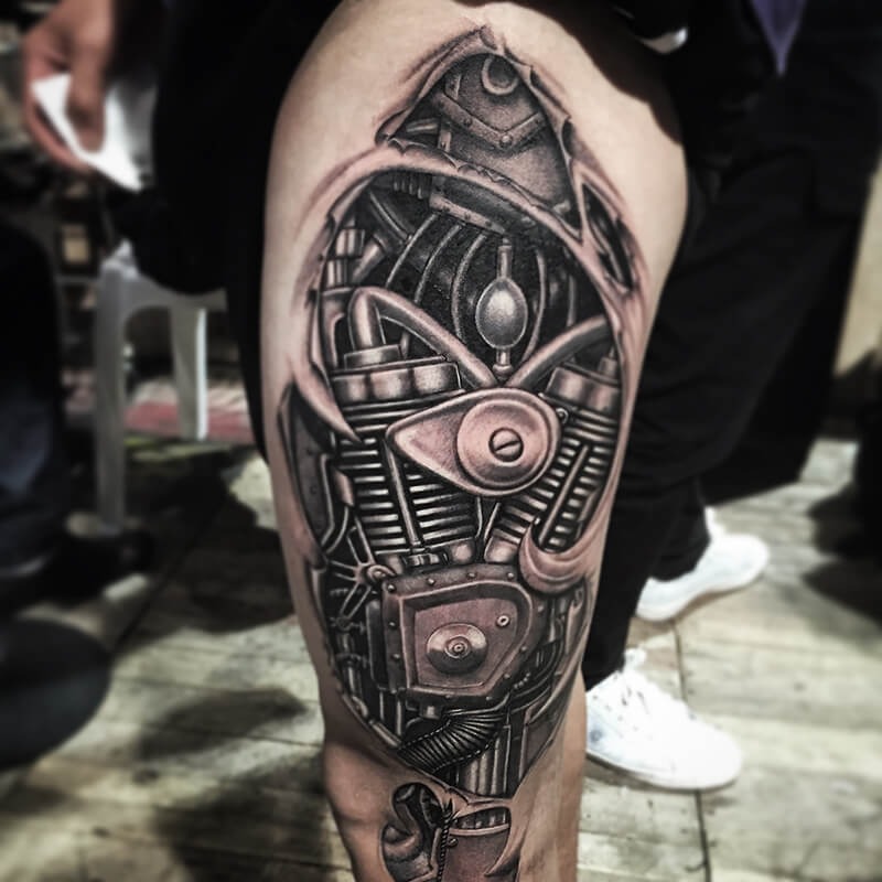 Black and White Biomechanical Tattoo on Leg Tattoo Design