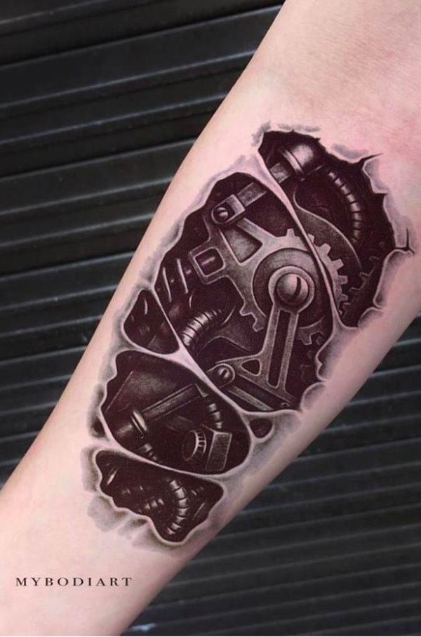 Black and White Mechanical Tattoos on Forearm Tattoo Design