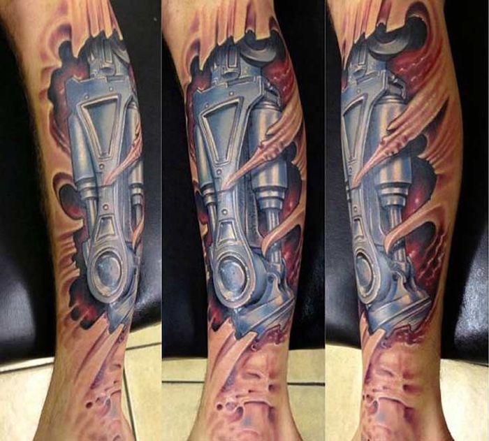 Blue Metal Ripped Skin Biomechanical Tattoo Tattoo Design