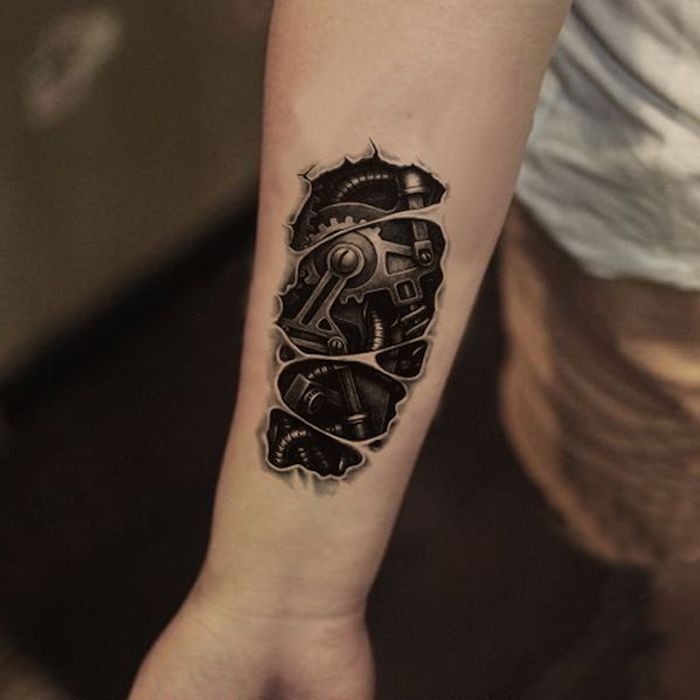 Dark Torn Skin Biomechanical Forearm Tattoo Tattoo Design