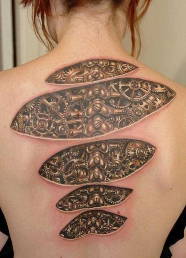 Five Open Cuts Biomechanical Tattoo on Spine Tattoo Design