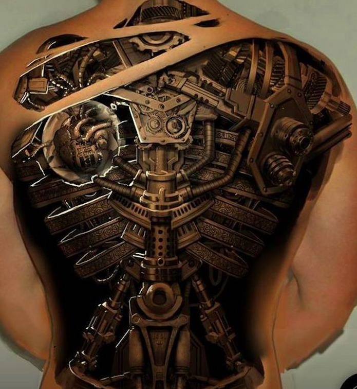 Full Back Biomechanical Tattoo in Grayscale Tattoo Design