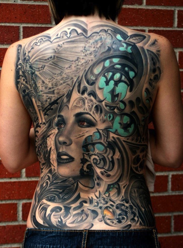 Full Back Biomechanical Tattoo with Woman’s Face Tattoo Design