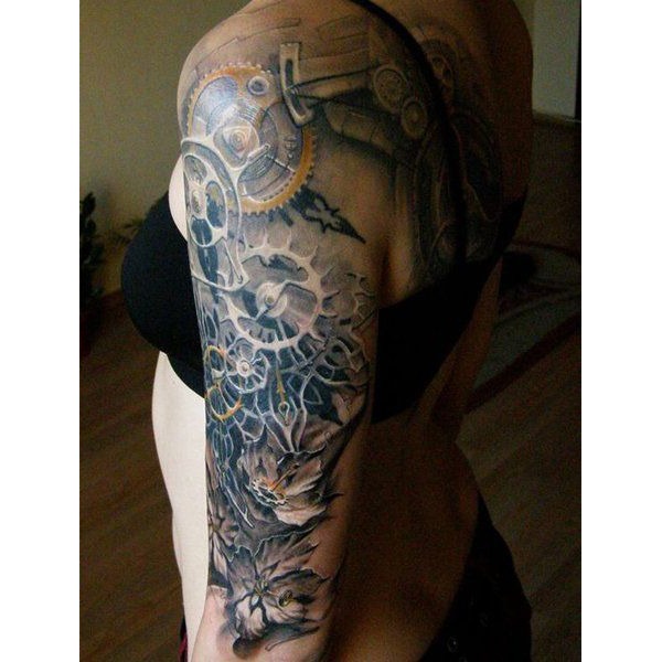 Gears and Flowers Woman’s Biomechanical Shoulder Tattoo Tattoo Design