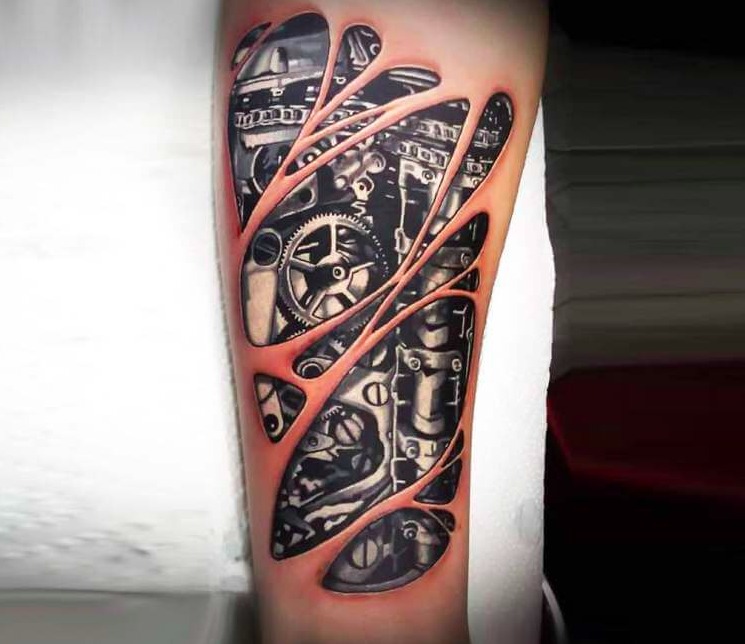 Gears and Rods Ripped Skin Biomechanical Tattoo Tattoo Design