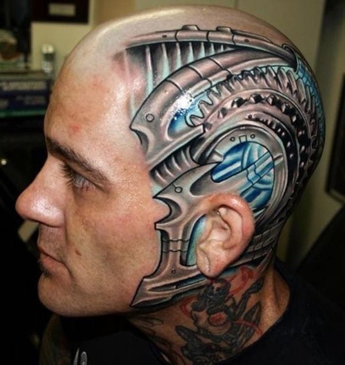 Gray and Blue Biomechanical Skull Tattoo on Head Tattoo Design