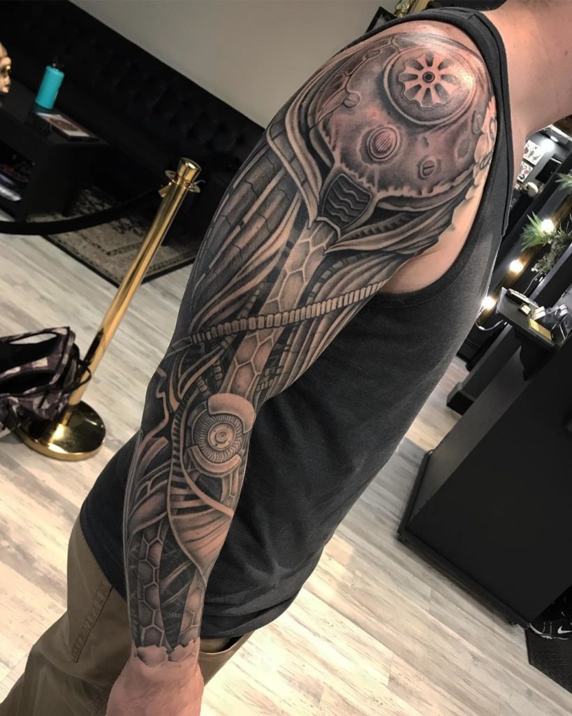 Grayscale Biomechanical Full Arm Sleeve Tattoo Tattoo Design