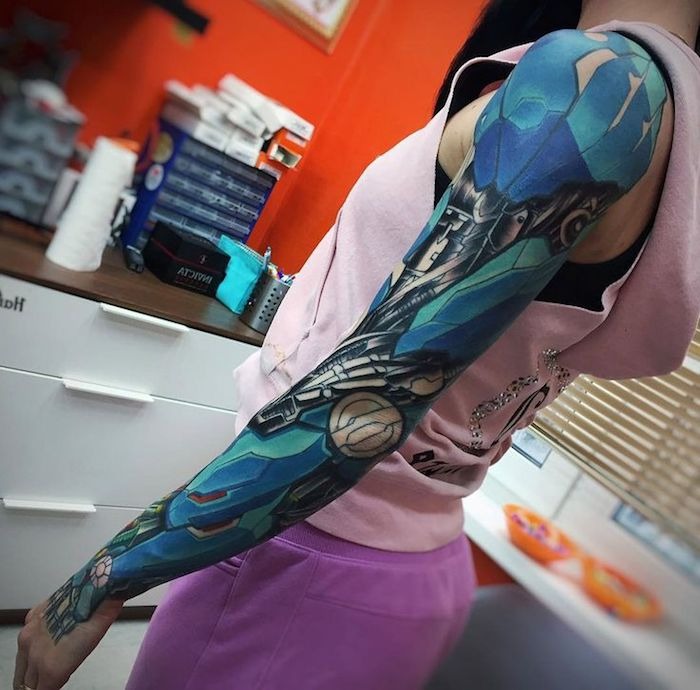 Intense Blue Full Arm Sleeve Mechanical Tattoo Tattoo Design