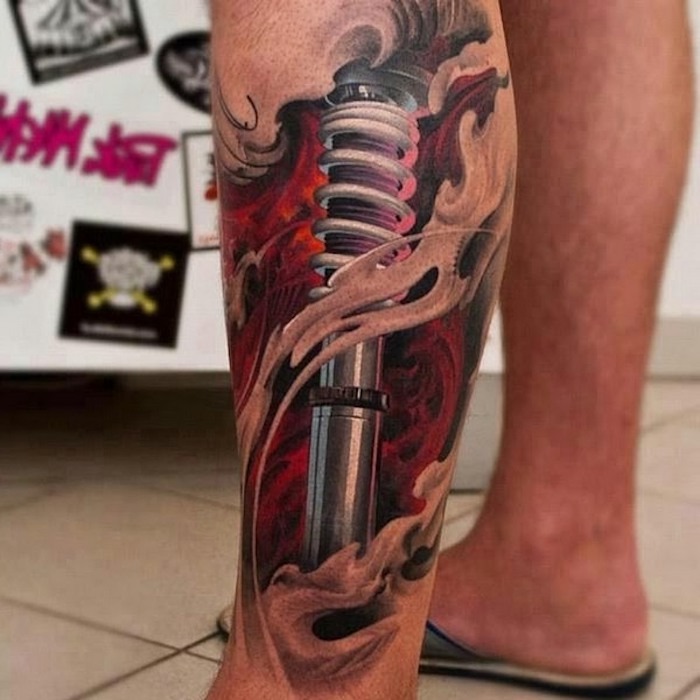 Metal Rod and Spring Biomechanical Leg Tattoo Tattoo Design