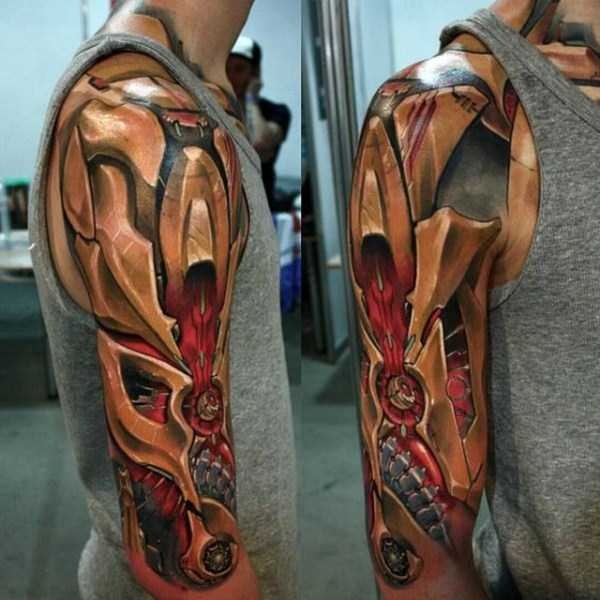 Metallic Gold Half Arm Biomechanical Tattoo Sleeve Tattoo Design
