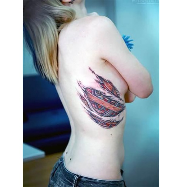 Red Ripped Skin Biomechanical Woman’s Side Tattoo Tattoo Design