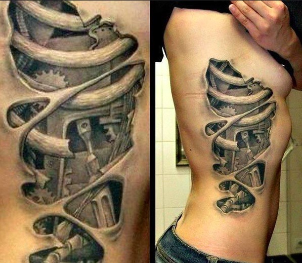 Ribs with Screwdriver Mechanical Tattoo in Grayscale Tattoo Design