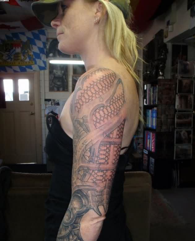 Woman’s Shoulder and Biomechanical Arm Tattoo Tattoo Design
