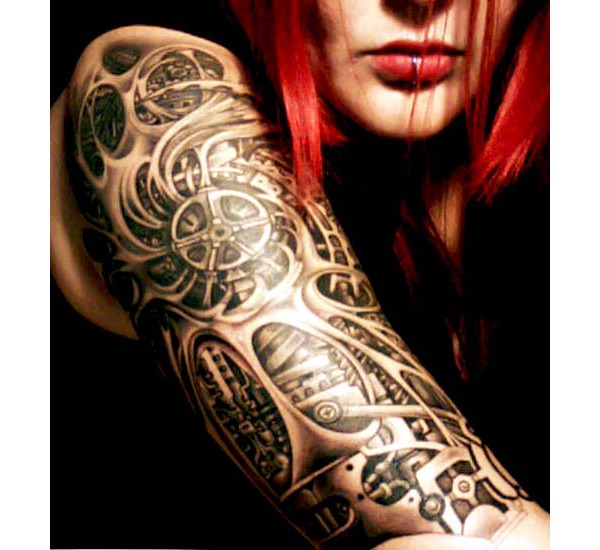 Woman’s Shoulder Tattoo in Grayscale Biomechanical Style Tattoo Design