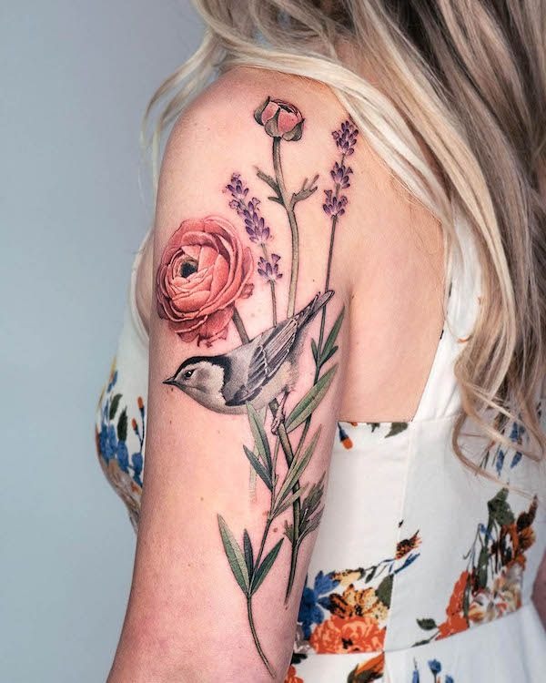 Botanical Shoulder Bird Tattoo Design