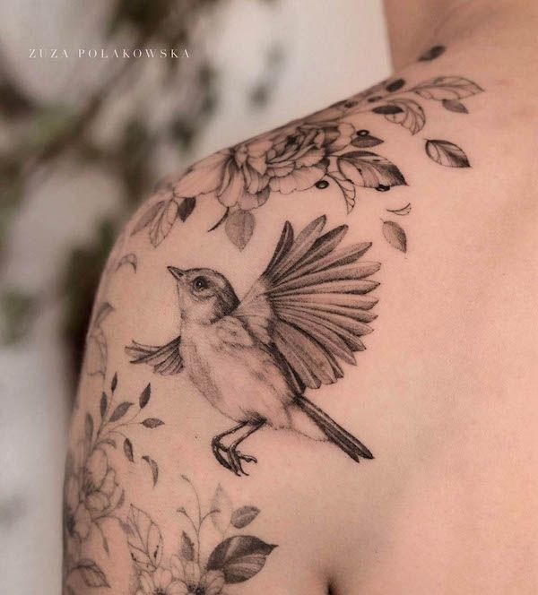 Fine Line Bird with Florals Tattoo Design
