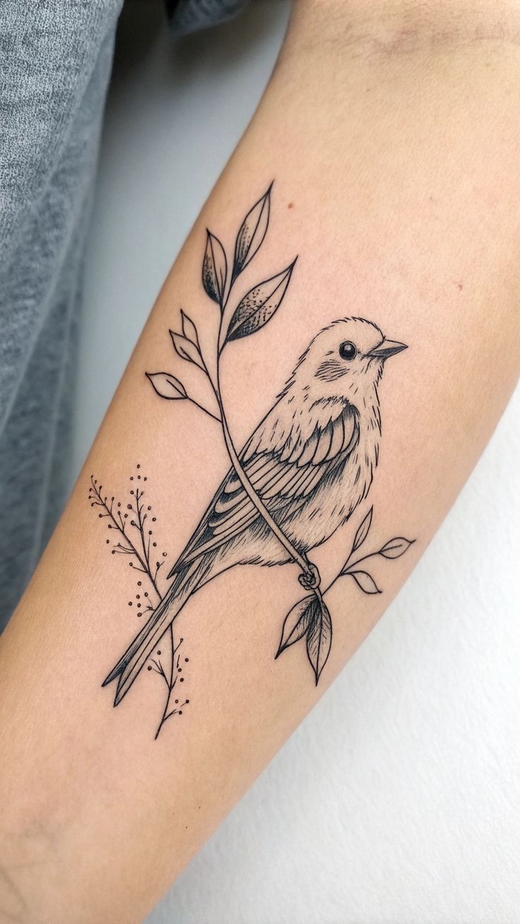 Fine Line Songbird with Botanical Branch Tattoo Design