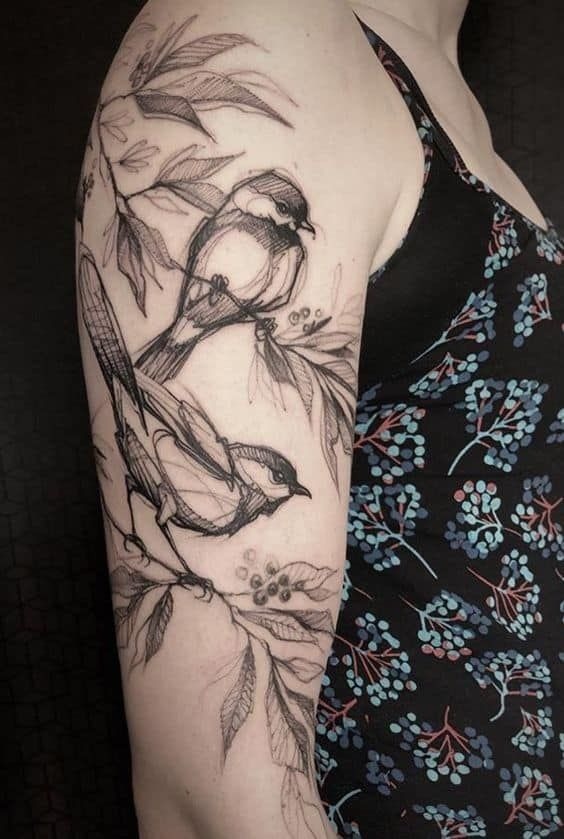 Nature-Inspired Sleeve with Twin Birds Tattoo Design