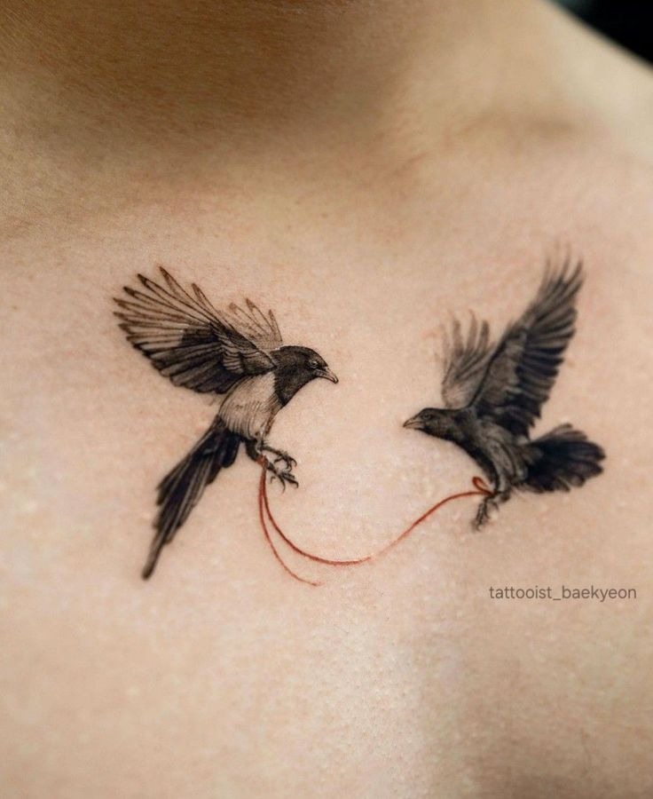 Pair of Crows with Red String Tattoo Design
