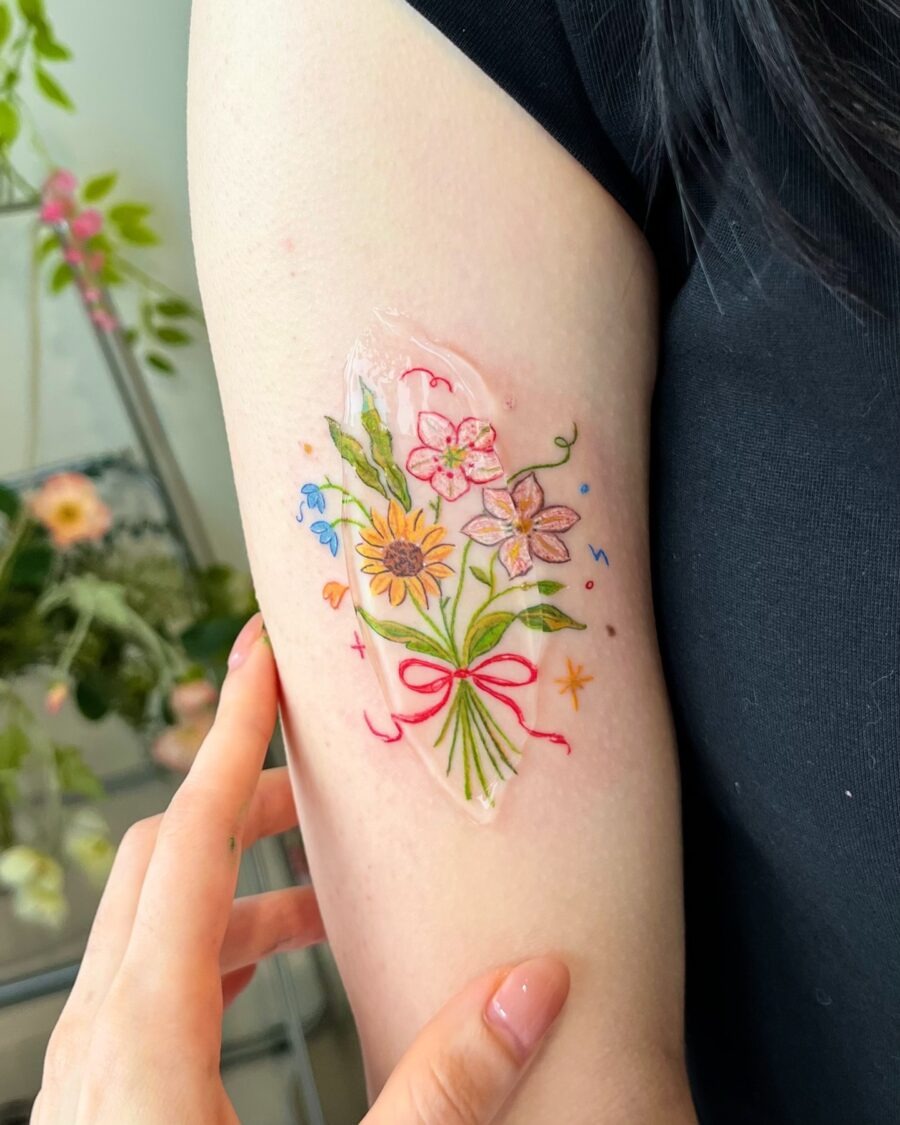 This stunning birth flower tattoo showcases a bouquet wrapped with a delicate ribbon.